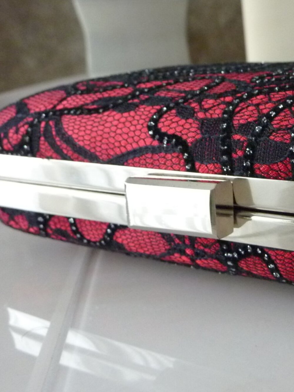 LULU TOWNSEND Red Satin Black Lace Hard Case handbag purse clutch Silver Chain - Picture 4 of 15